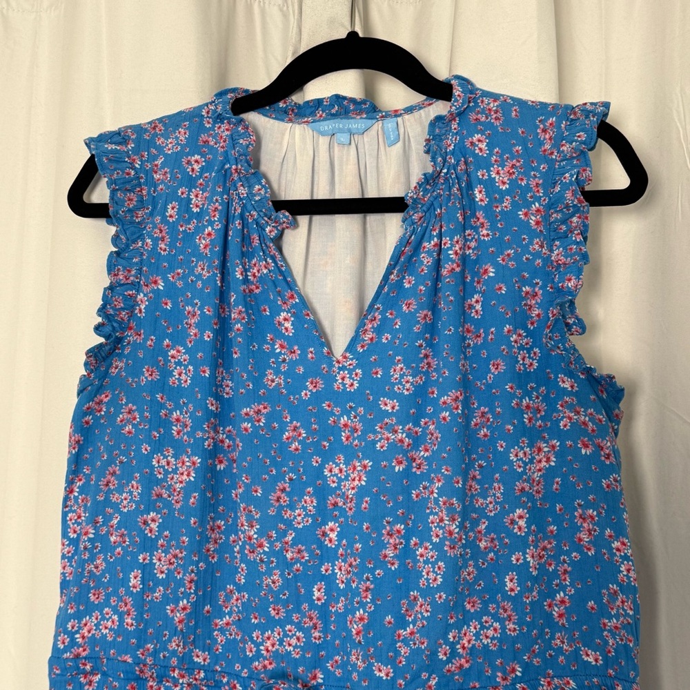 Draper James Lucinda Floral Dress Blue Pink Cotton Ruffle Hem V Neck Women’s L - Picture 5 of 13